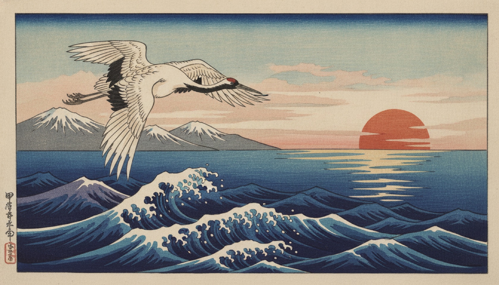 Japanese woodblock style artwork of a crane over indigo waves at sunrise