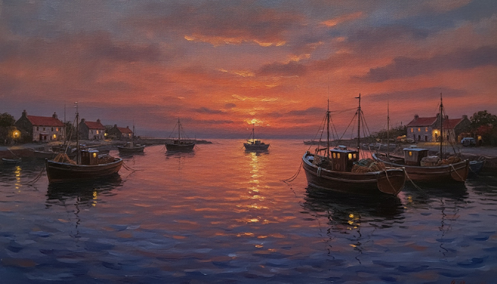 Oil painting of a quiet harbour at dusk with fishing boats under a vermillion sky