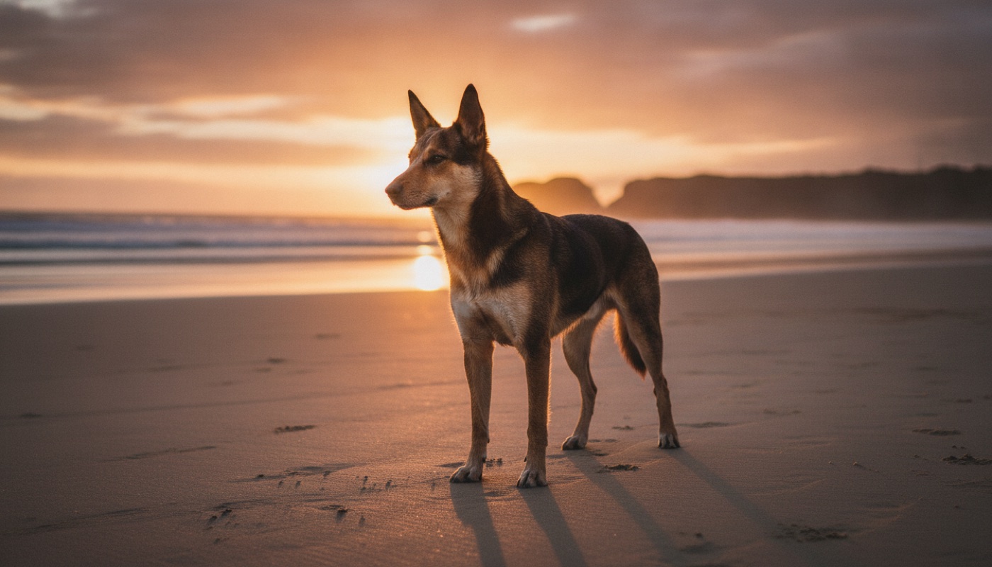 A personal photograph of a dog on a beach, hanging in a city apartment