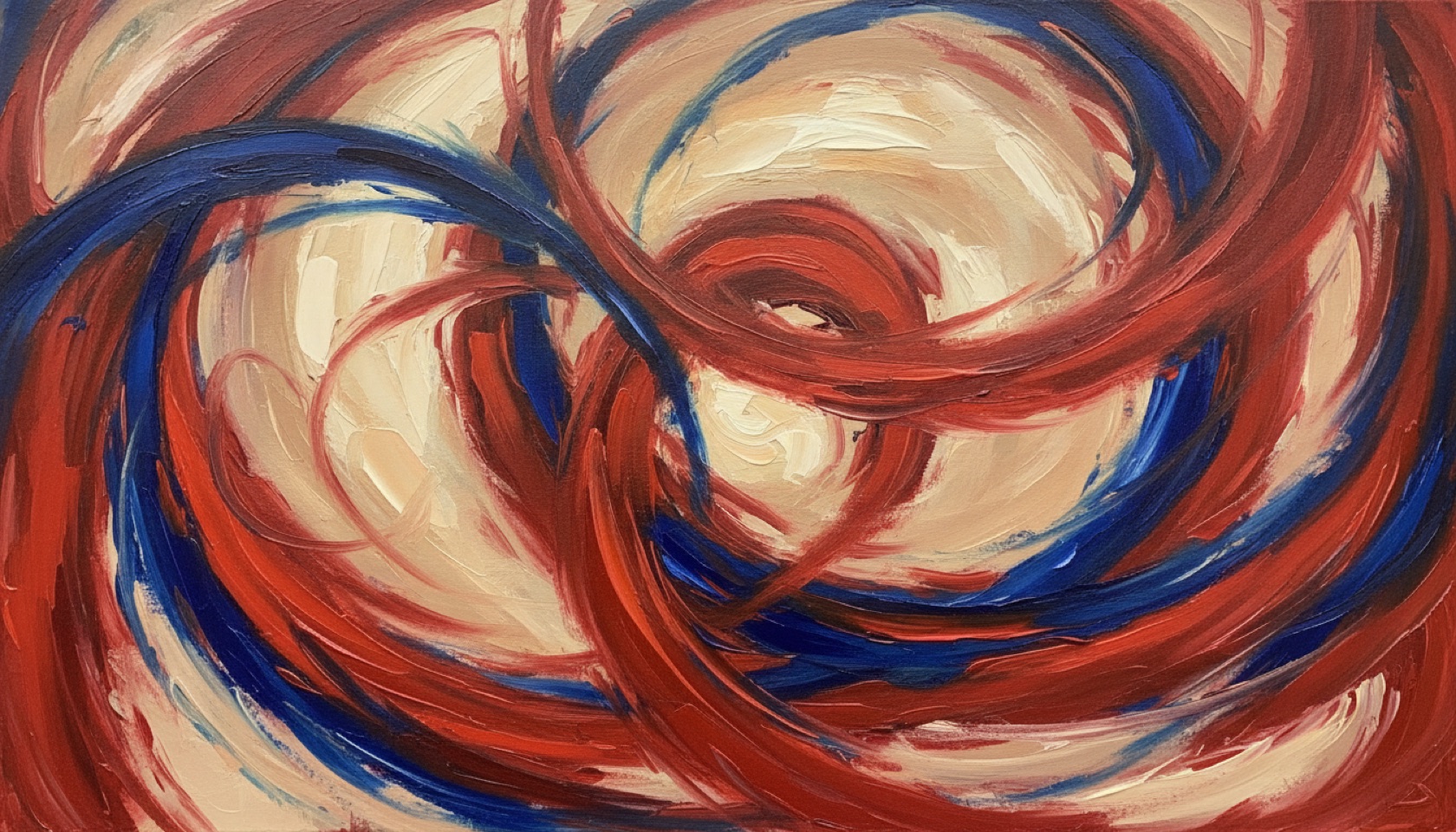 Abstract painting of sweeping cobalt and vermillion brushstrokes over warm cream